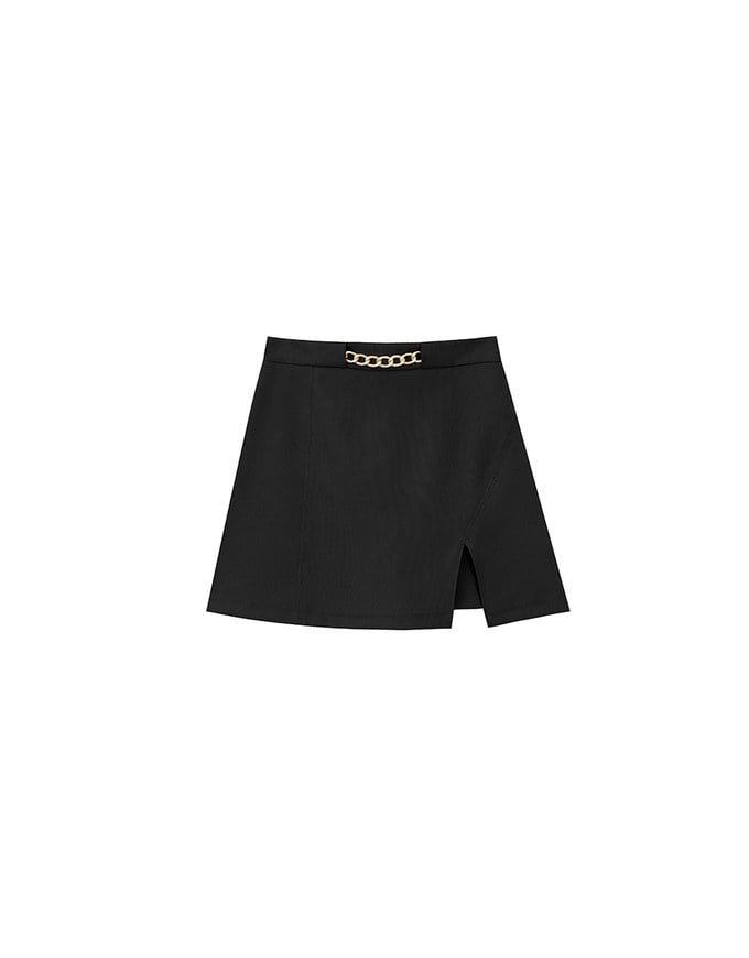 Waistline Gold Chain Detail High Waist Front Slit Mini Skirt