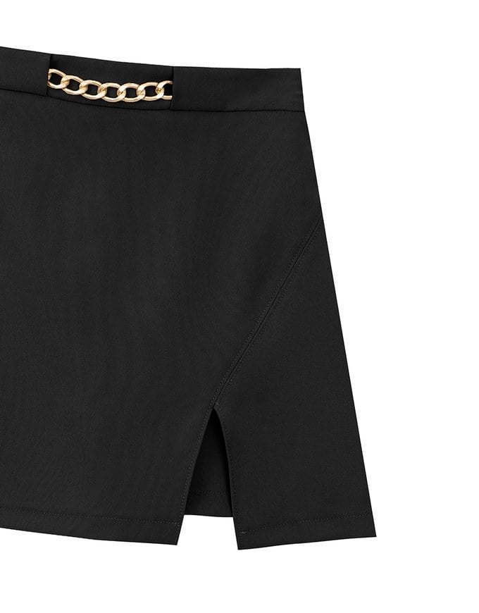 Waistline Gold Chain Detail High Waist Front Slit Mini Skirt