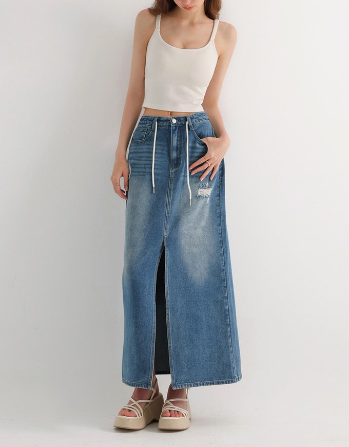 High Waist Distressed Front Slit Jeans Denim Maxi Skirt with Drawstring Detail