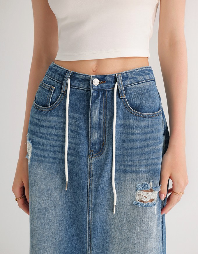 High Waist Distressed Front Slit Jeans Denim Maxi Skirt with Drawstring Detail