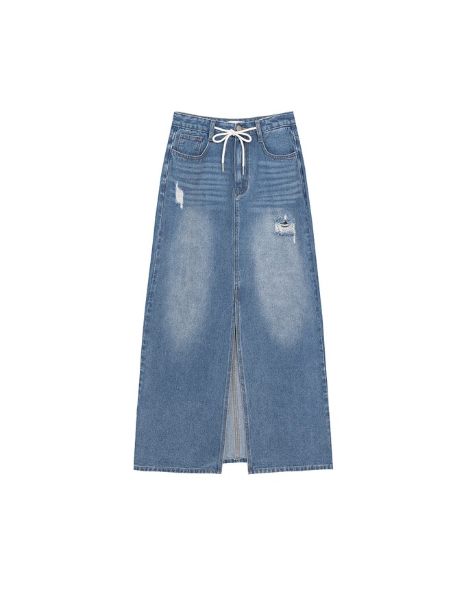 High Waist Distressed Front Slit Jeans Denim Maxi Skirt with Drawstring Detail