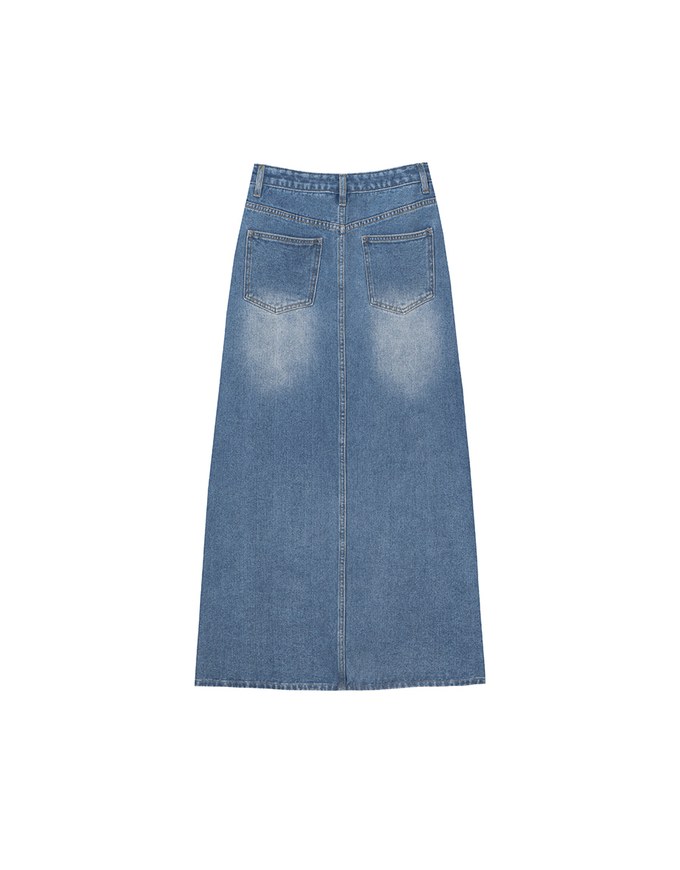 High Waist Distressed Front Slit Jeans Denim Maxi Skirt with Drawstring Detail
