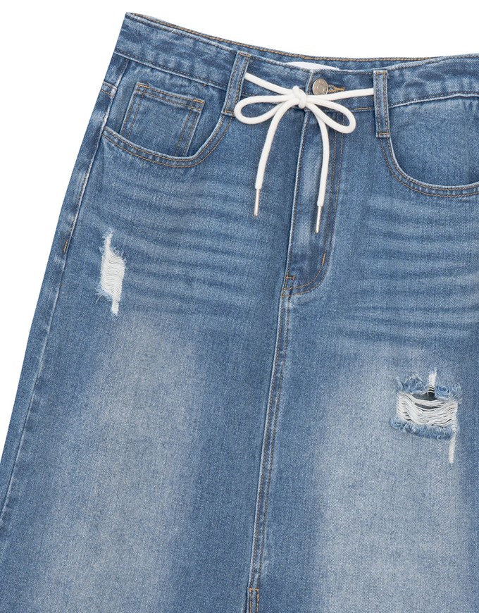 High Waist Distressed Front Slit Jeans Denim Maxi Skirt with Drawstring Detail