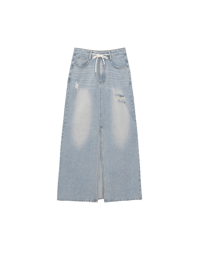 High Waist Distressed Front Slit Jeans Denim Maxi Skirt with Drawstring Detail