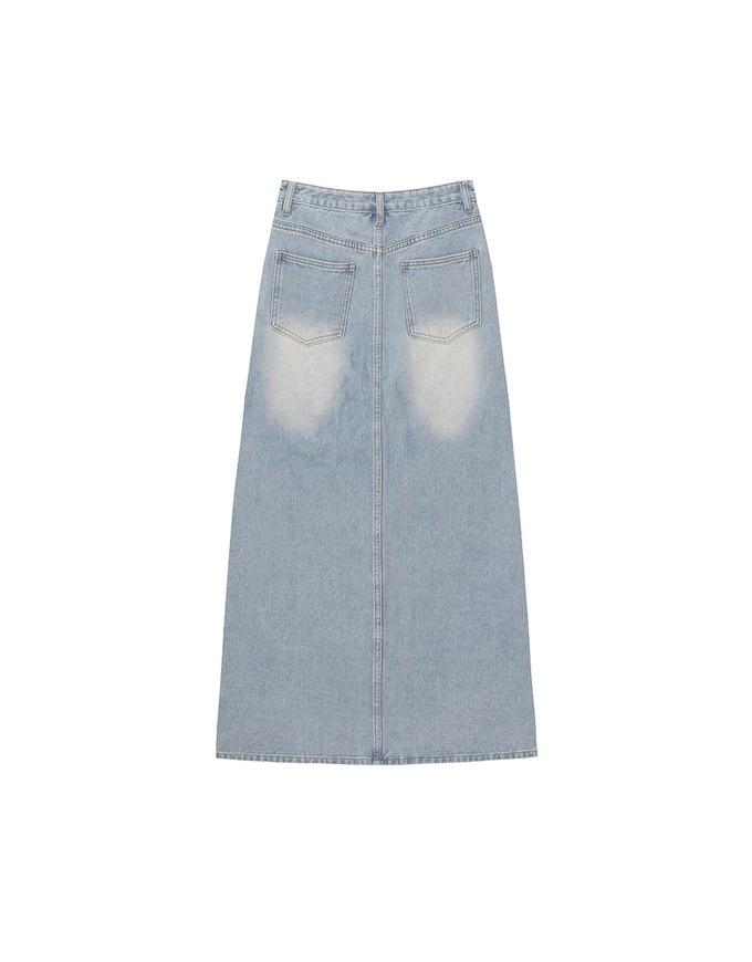 High Waist Distressed Front Slit Jeans Denim Maxi Skirt with Drawstring Detail