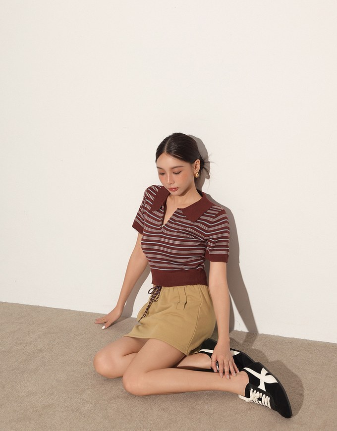 Drawstring Low Waist Cotton Mini Skirt with Side Pockets