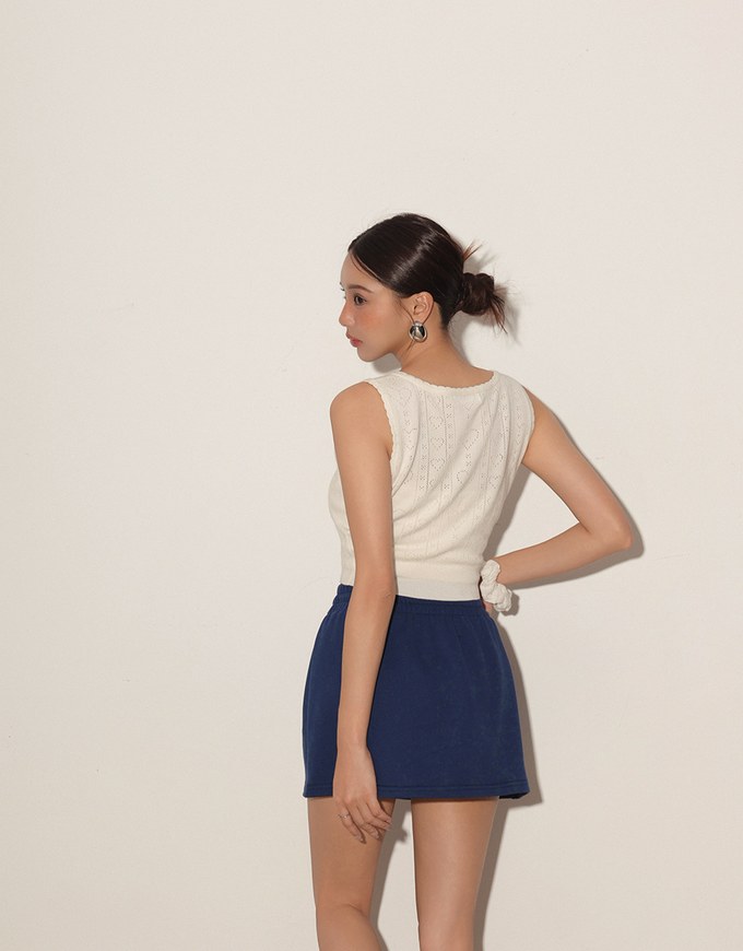 Drawstring Low Waist Cotton Mini Skirt with Side Pockets