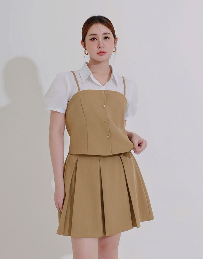 Tailored A Line Pleated Mini Skirt with Wide Waistband Detail