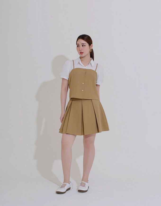 Tailored A Line Pleated Mini Skirt with Wide Waistband Detail