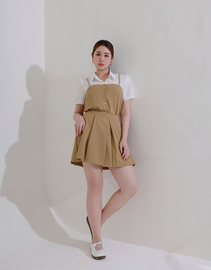 Tailored A Line Pleated Mini Skirt with Wide Waistband Detail