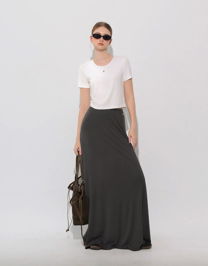 Logo Embroidered Slim Fit Flared Maxi Skirt