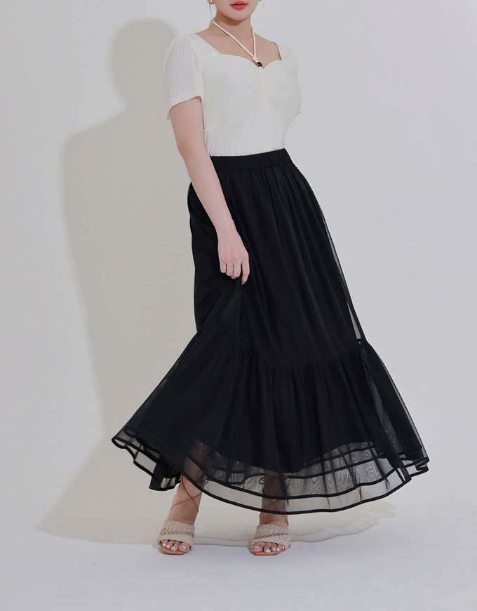 Mesh Overlay Flowy Hem Tiered Maxi Skirt