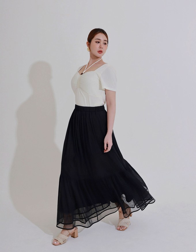Mesh Overlay Flowy Hem Tiered Maxi Skirt