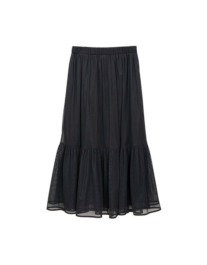 Mesh Overlay Flowy Hem Tiered Maxi Skirt
