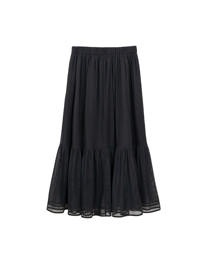 Mesh Overlay Flowy Hem Tiered Maxi Skirt