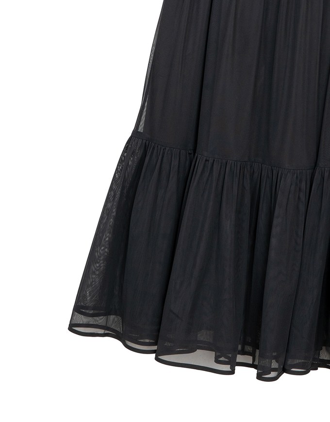 Mesh Overlay Flowy Hem Tiered Maxi Skirt
