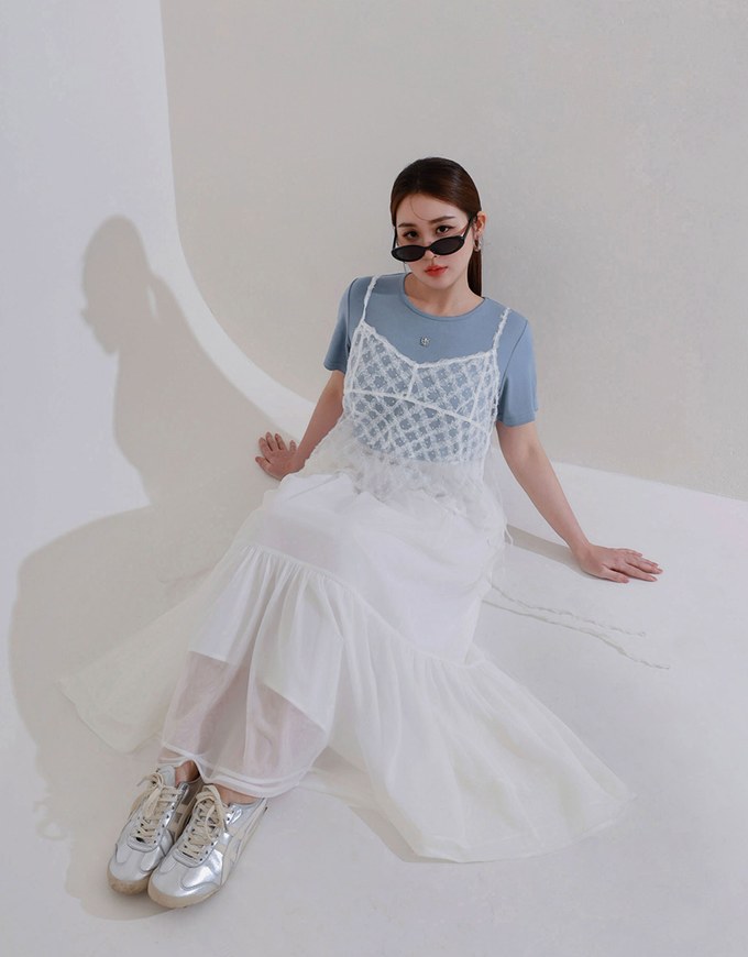 Mesh Overlay Flowy Hem Tiered Maxi Skirt