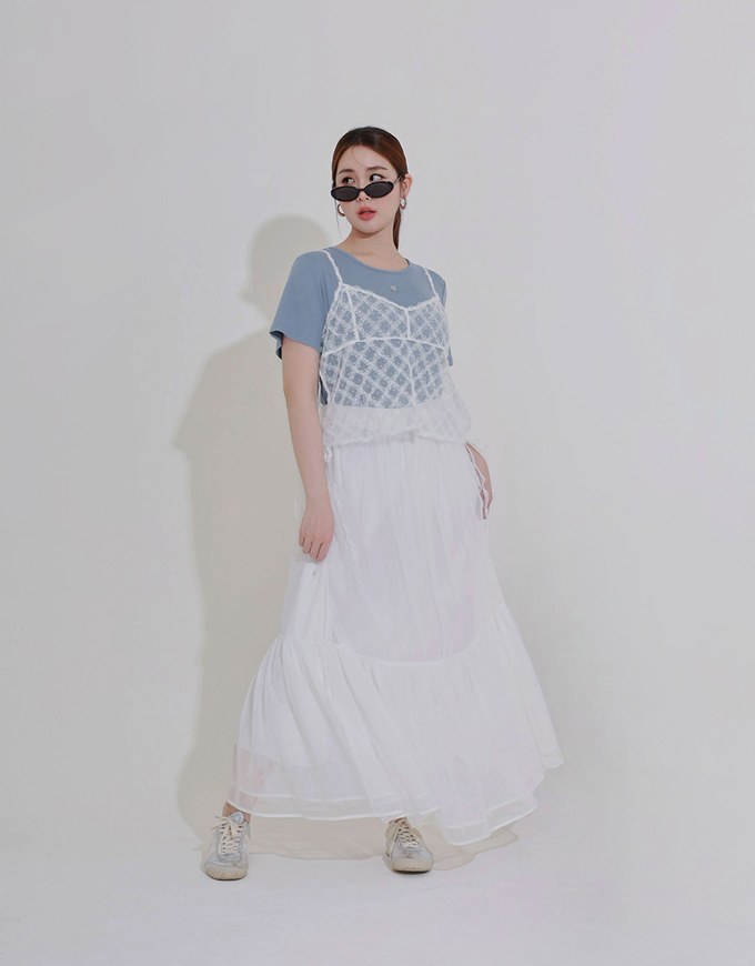 Mesh Overlay Flowy Hem Tiered Maxi Skirt