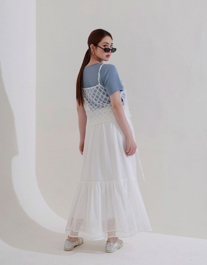 Mesh Overlay Flowy Hem Tiered Maxi Skirt
