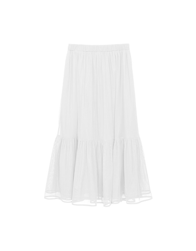 Mesh Overlay Flowy Hem Tiered Maxi Skirt