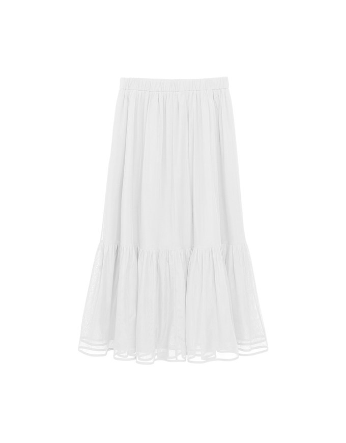 Mesh Overlay Flowy Hem Tiered Maxi Skirt