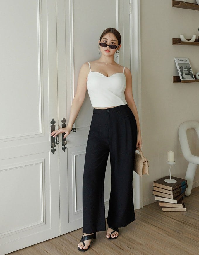 Cooling Fabric Lighweight High Waist Wide Leg Pants with Pleated Front Detail