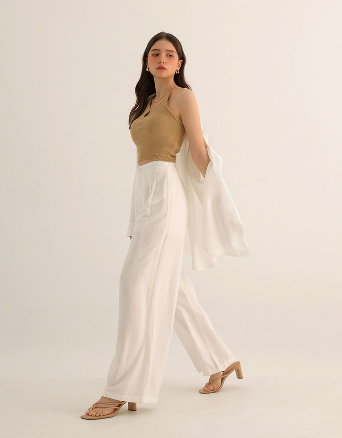 Cooling Fabric Lighweight High Waist Wide Leg Pants with Pleated Front Detail