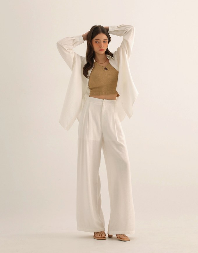 Cooling Fabric Lighweight High Waist Wide Leg Pants with Pleated Front Detail