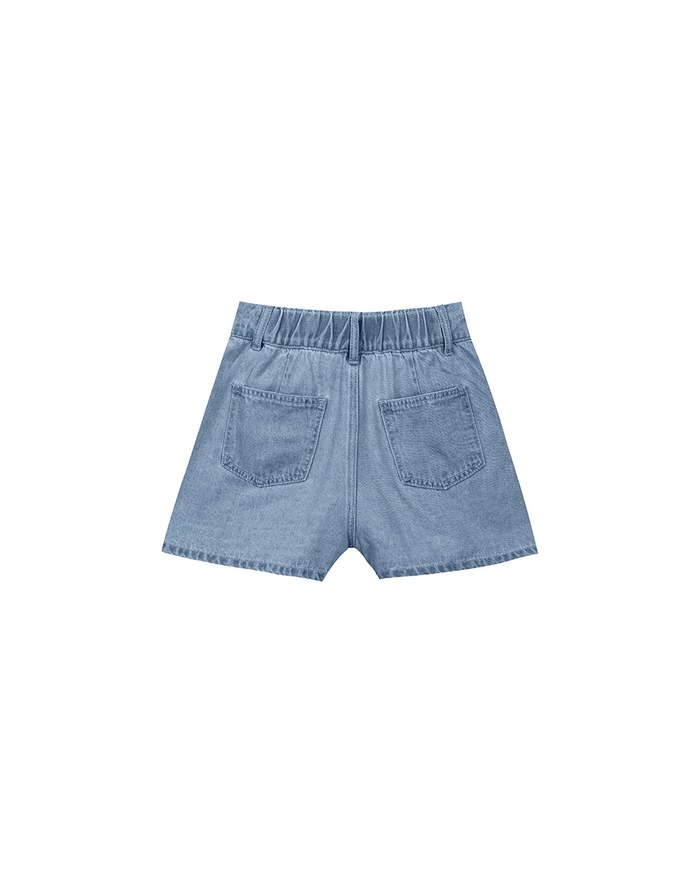Double Button Pleated High Waist Wide Leg Jeans Denim Shorts with Back Elastic Detail