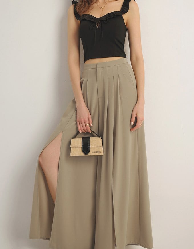 Front Slit Flowy Pleated Wide Leg Pants