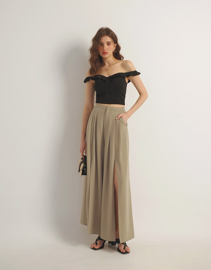 Front Slit Flowy Pleated Wide Leg Pants