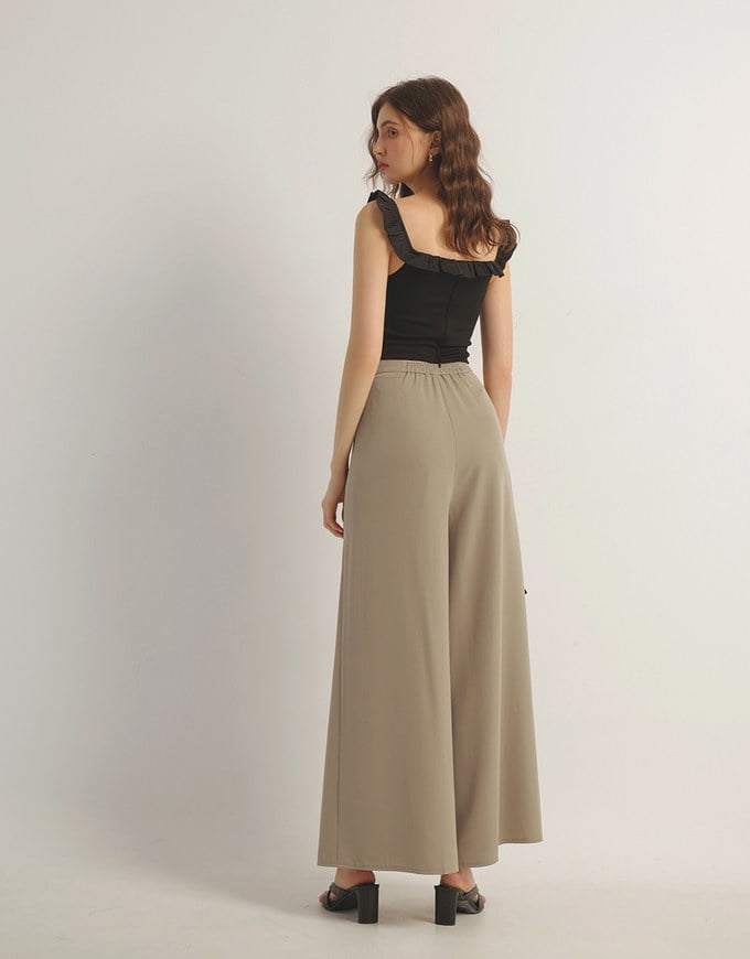 Front Slit Flowy Pleated Wide Leg Pants
