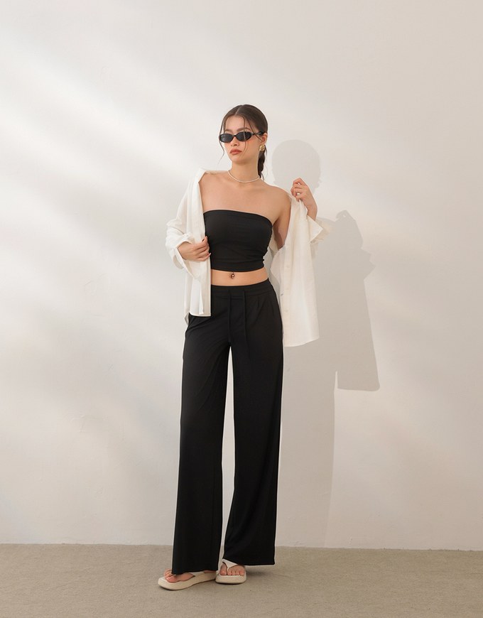 Cooling Fabric Front Pleated Wide Leg Pants with Drawstring Detail