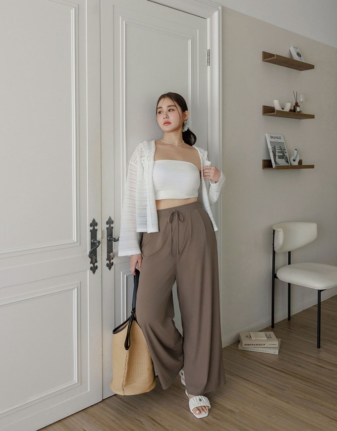 Cooling Fabric Front Pleated Wide Leg Pants with Drawstring Detail