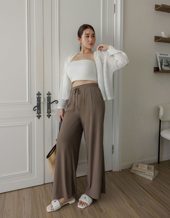Cooling Fabric Front Pleated Wide Leg Pants with Drawstring Detail