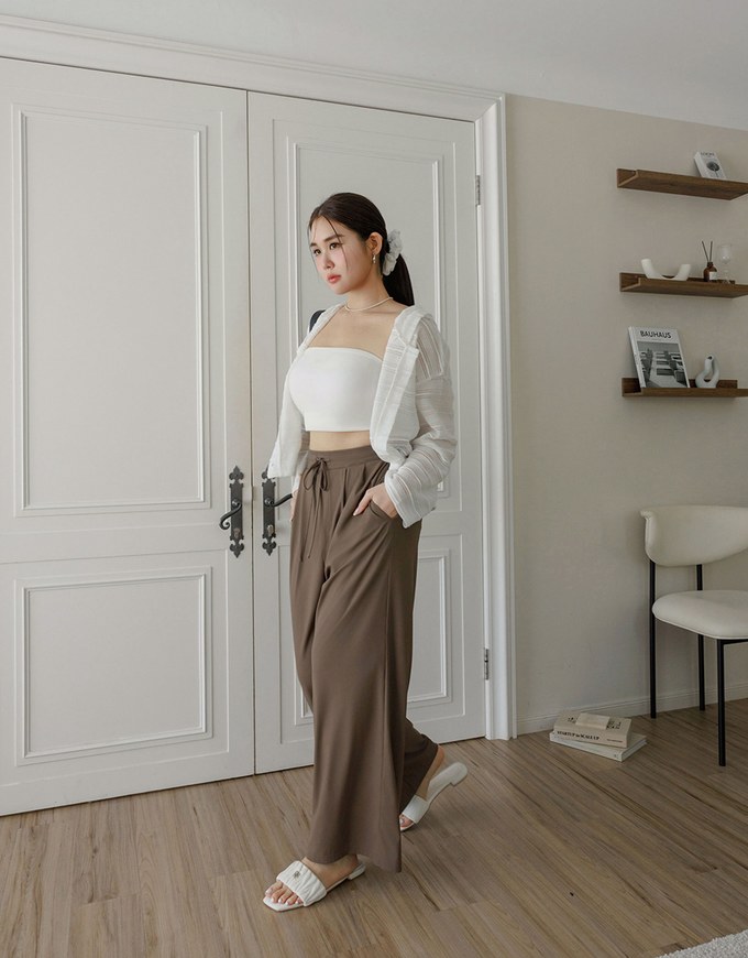 Cooling Fabric Front Pleated Wide Leg Pants with Drawstring Detail