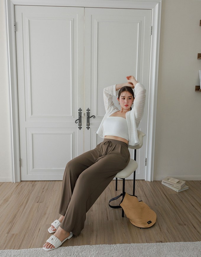 Cooling Fabric Front Pleated Wide Leg Pants with Drawstring Detail