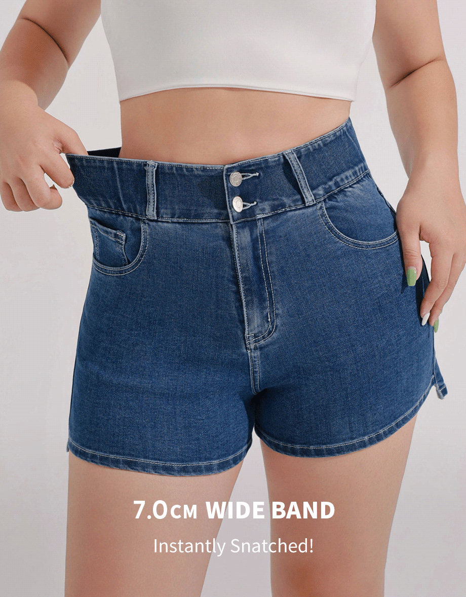 Cooling Fabric Double Button Jeans Denim Shorts with Heart Pocket Stitching