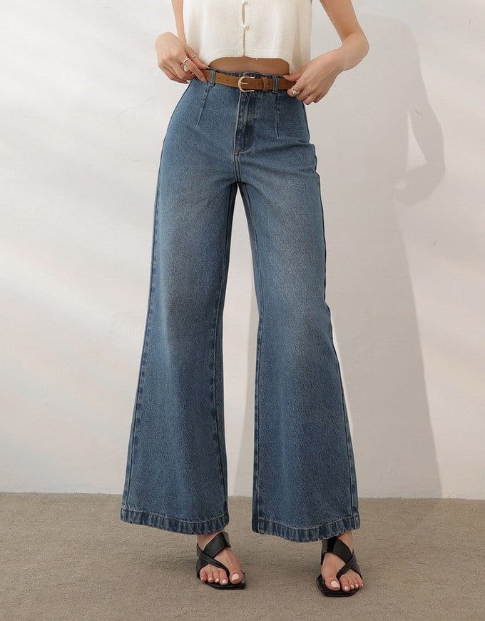 Retro High Waist Wide Leg Jeans Denim Pants with Belt