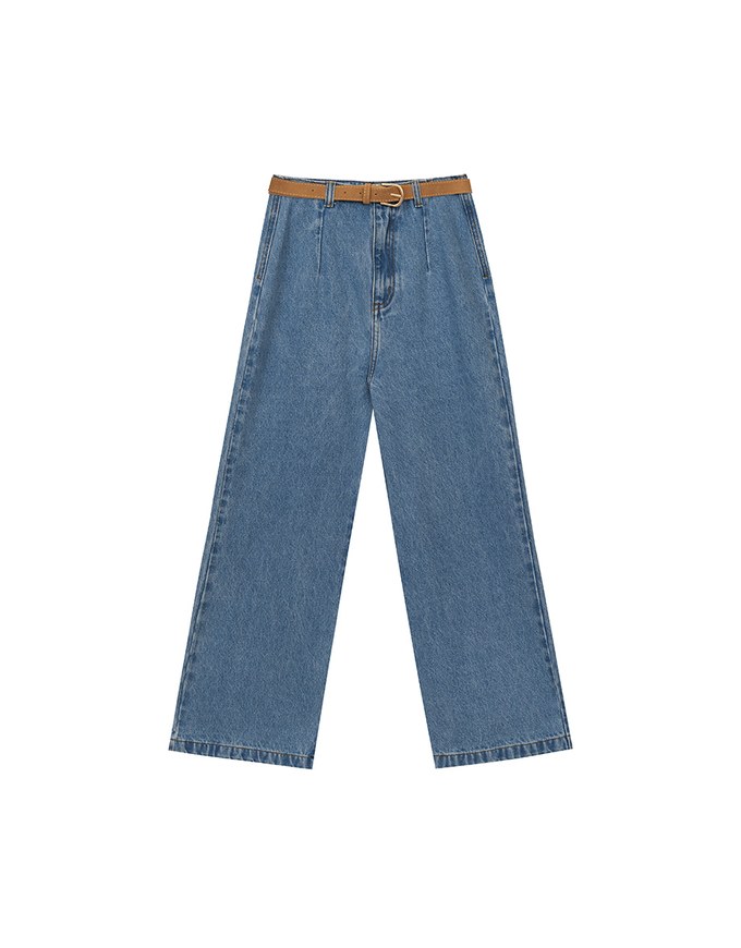Retro High Waist Wide Leg Jeans Denim Pants with Belt