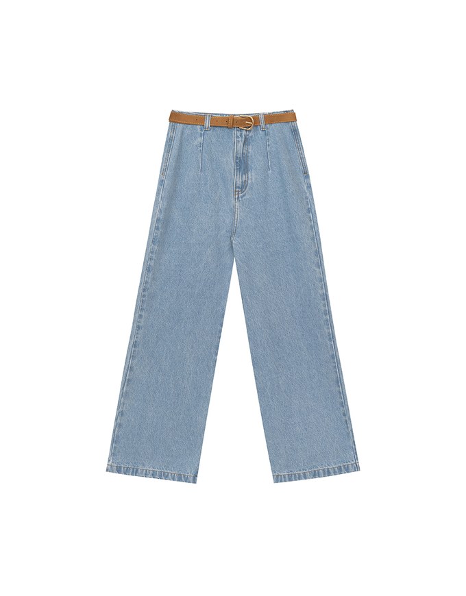 Retro High Waist Wide Leg Jeans Denim Pants with Belt