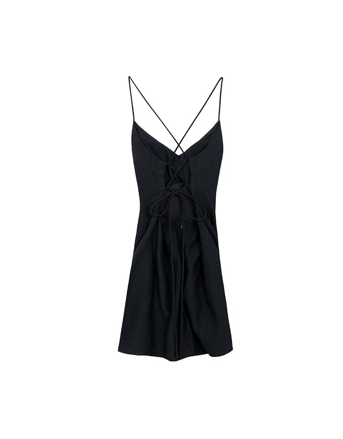 Cooling Fabric Crisscross Tie Back V Neck Spaghetti Strap Padded Mini Dress