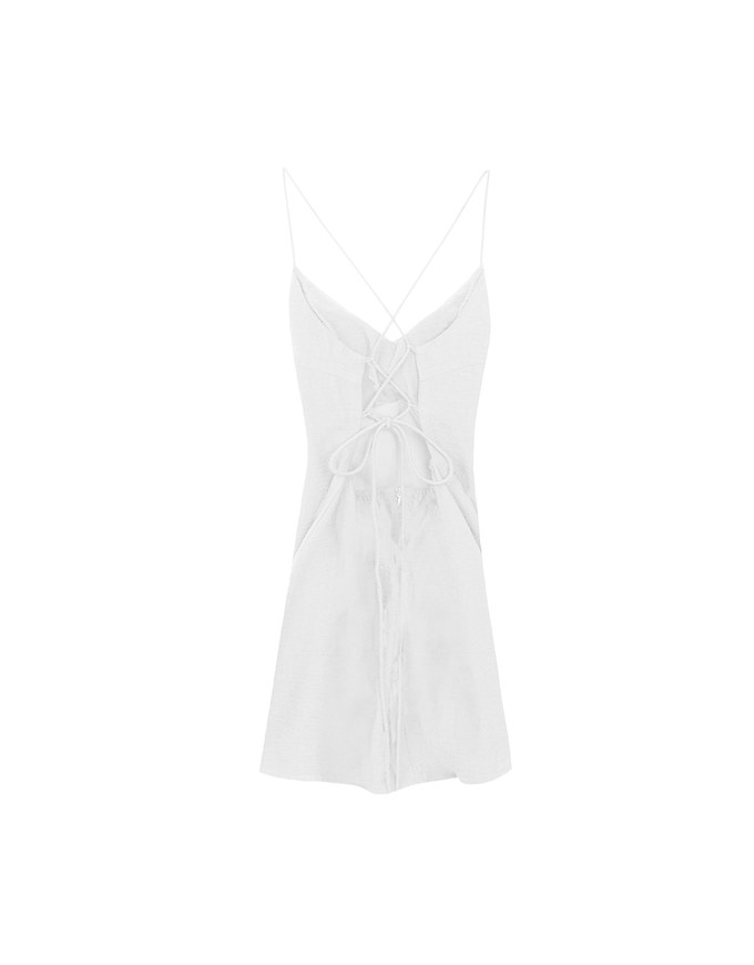 Cooling Fabric Crisscross Tie Back V Neck Spaghetti Strap Padded Mini Dress