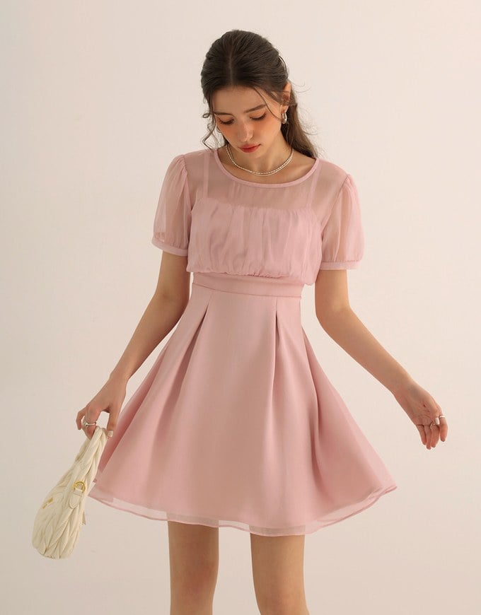 Layered Mesh Puff Sleeve Flare Mini Dress