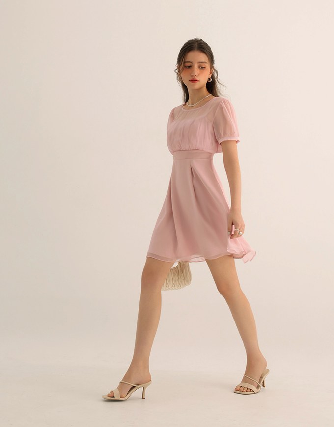 Layered Mesh Puff Sleeve Flare Mini Dress