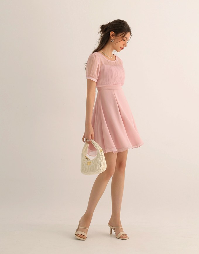 Layered Mesh Puff Sleeve Flare Mini Dress