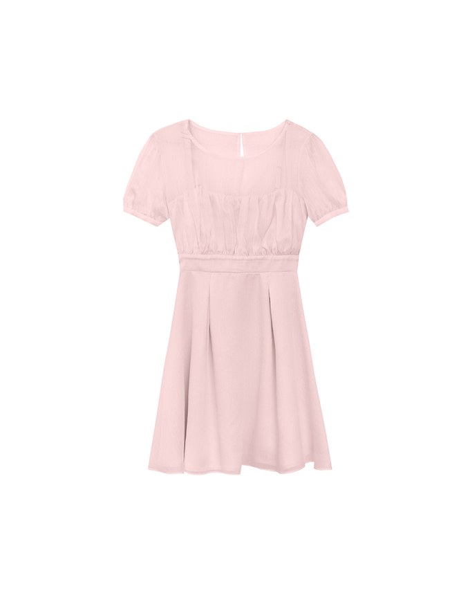 Layered Mesh Puff Sleeve Flare Mini Dress