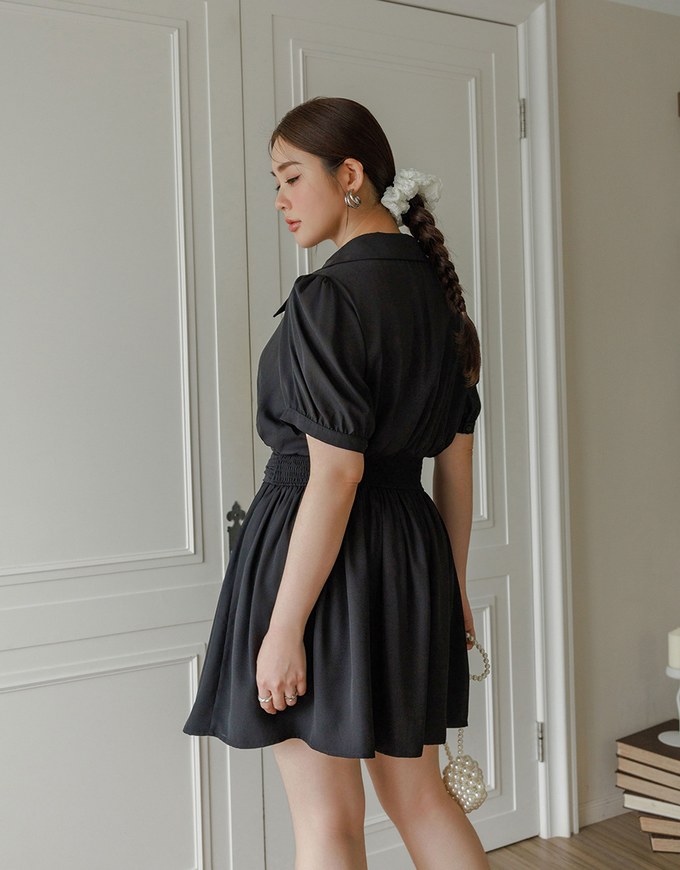 Sheer Chiffon Puff Sleeve Collared Mini Dress with Ruched Waistband Detail