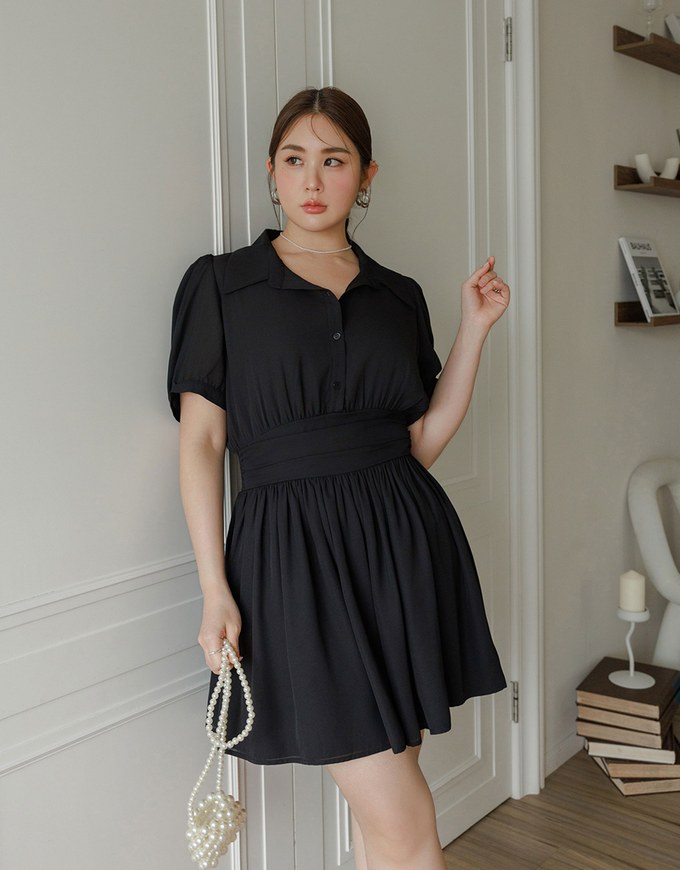 Sheer Chiffon Puff Sleeve Collared Mini Dress with Ruched Waistband Detail