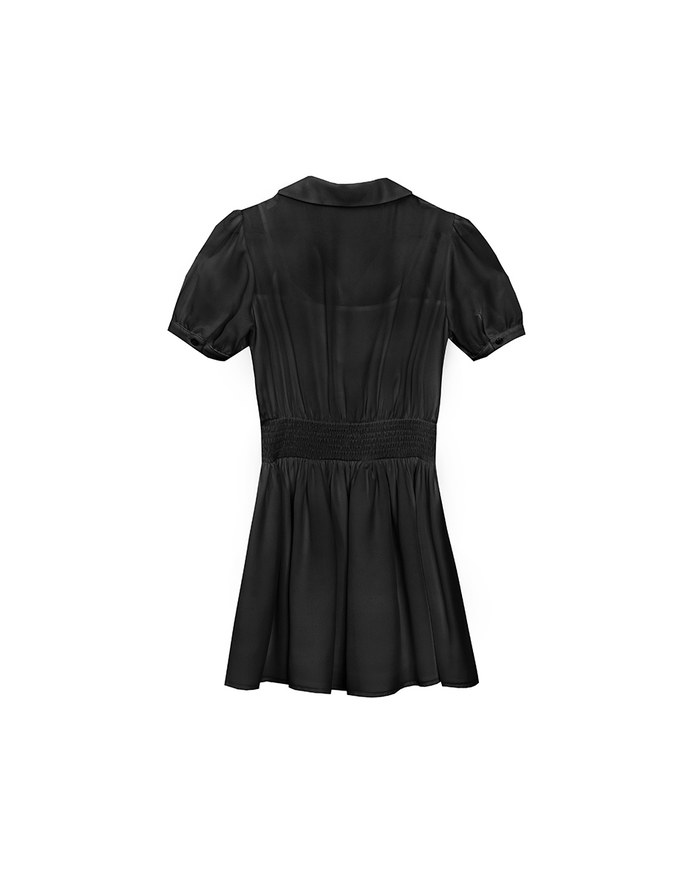 Sheer Chiffon Puff Sleeve Collared Mini Dress with Ruched Waistband Detail
